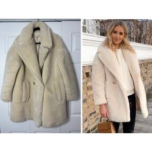 Topshop Cream Off White Teddy Faux Fur Oversized Borg Coat Size 12 Large